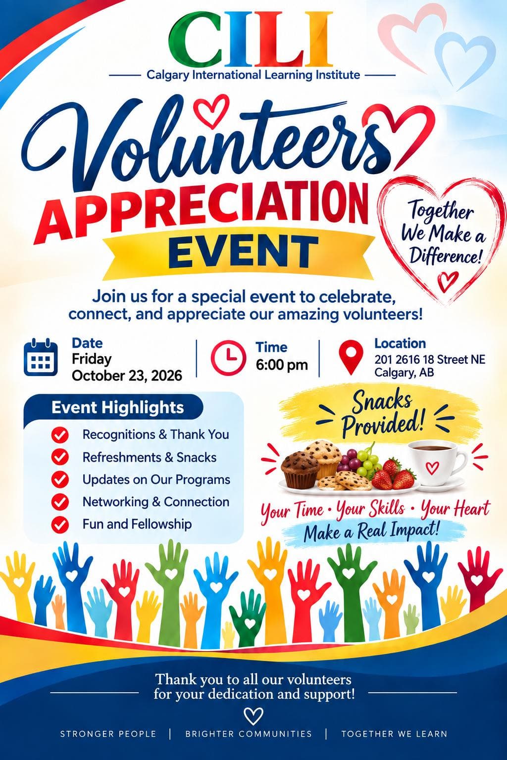 CILI Volunteers Appreciation Event poster for Friday, October 23, 2026