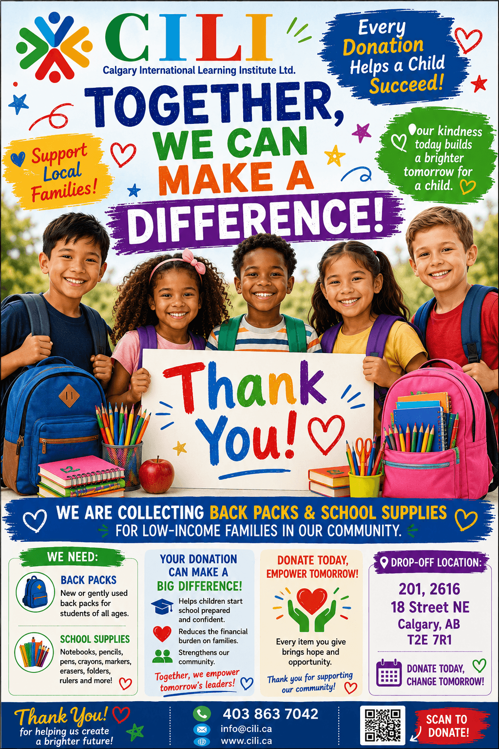 Children with backpacks holding a Thank You sign for CILI's school supplies drive